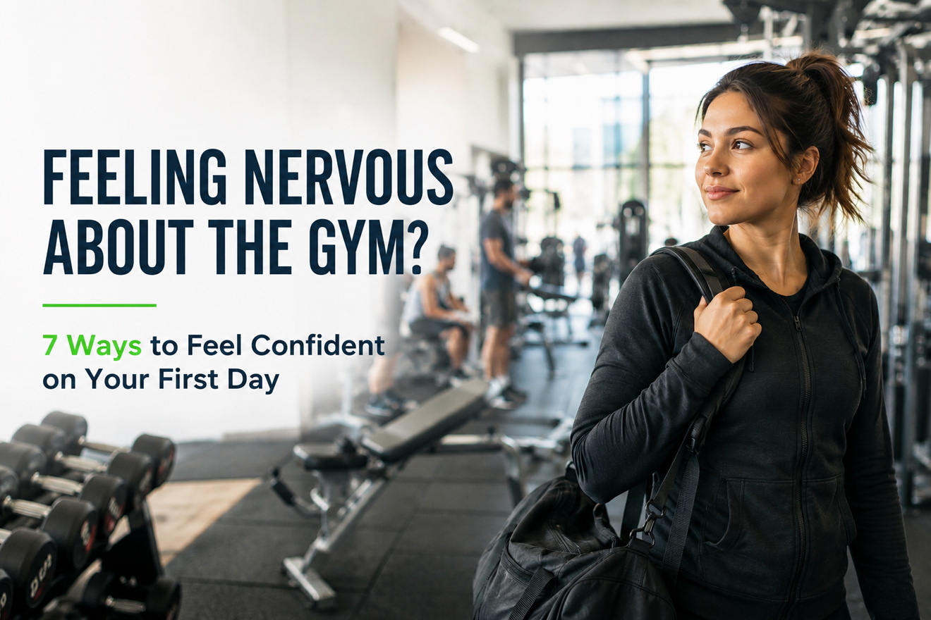 Woman standing at the entrance of a gym feeling gym anxiety before her first workout