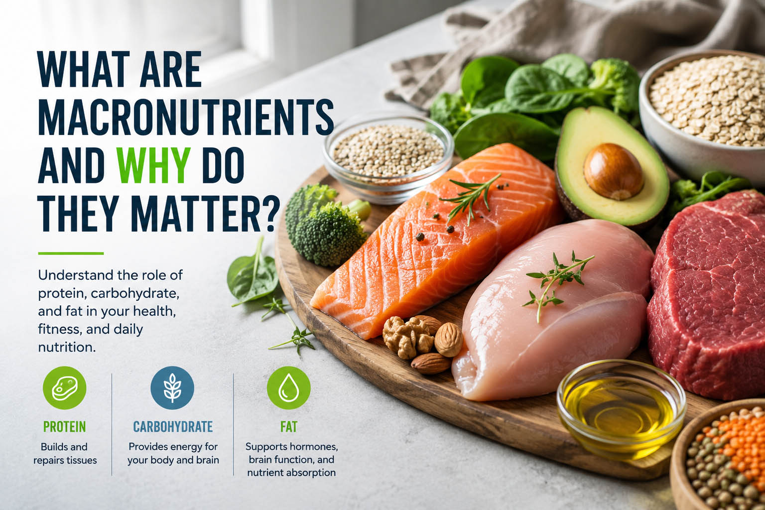 Protein carbohydrate and fat — colourful spread of whole foods representing all three macronutrients