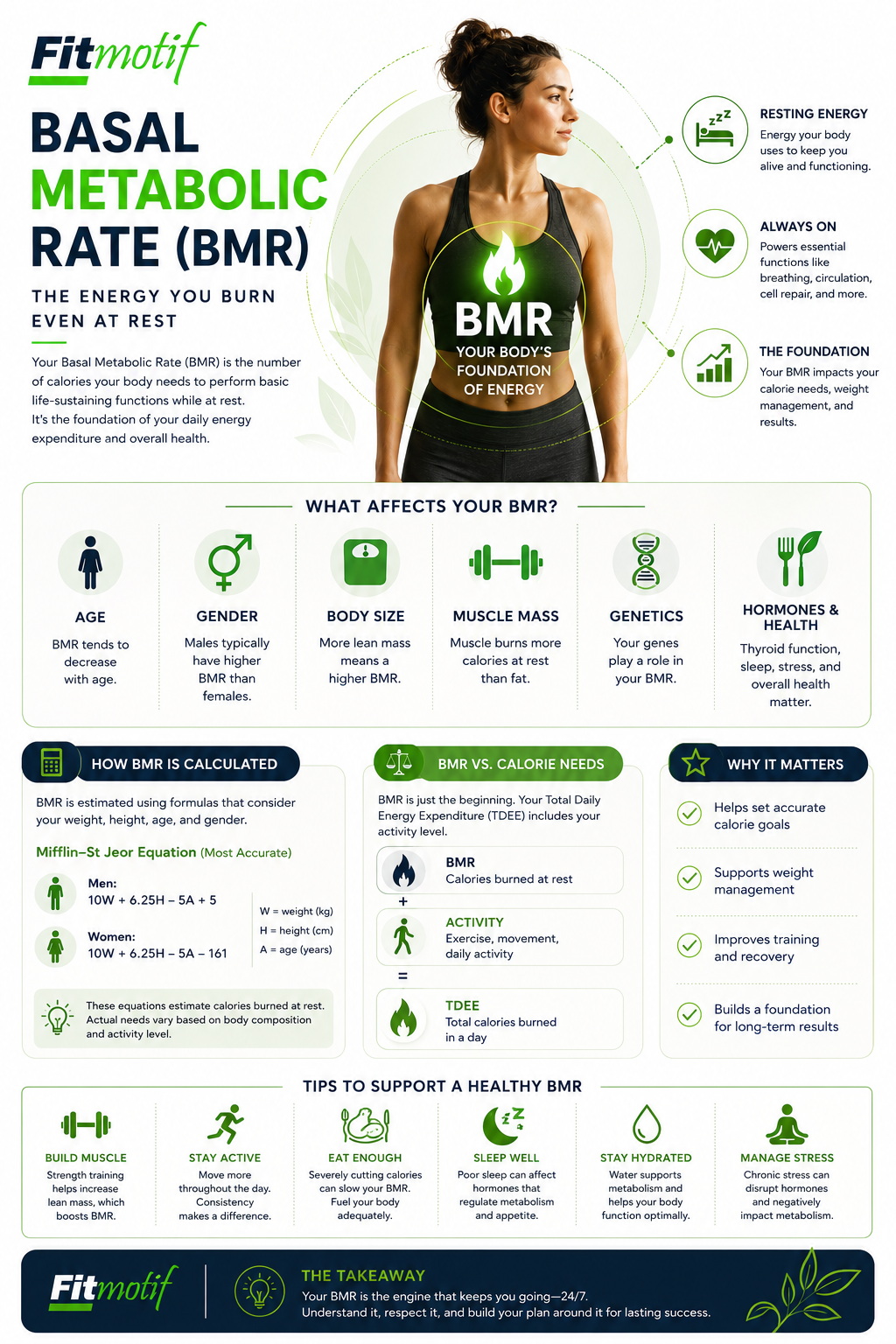 Basal metabolic rate infographic showing BMR formula, factors that affect BMR, and tips to increase metabolic rate