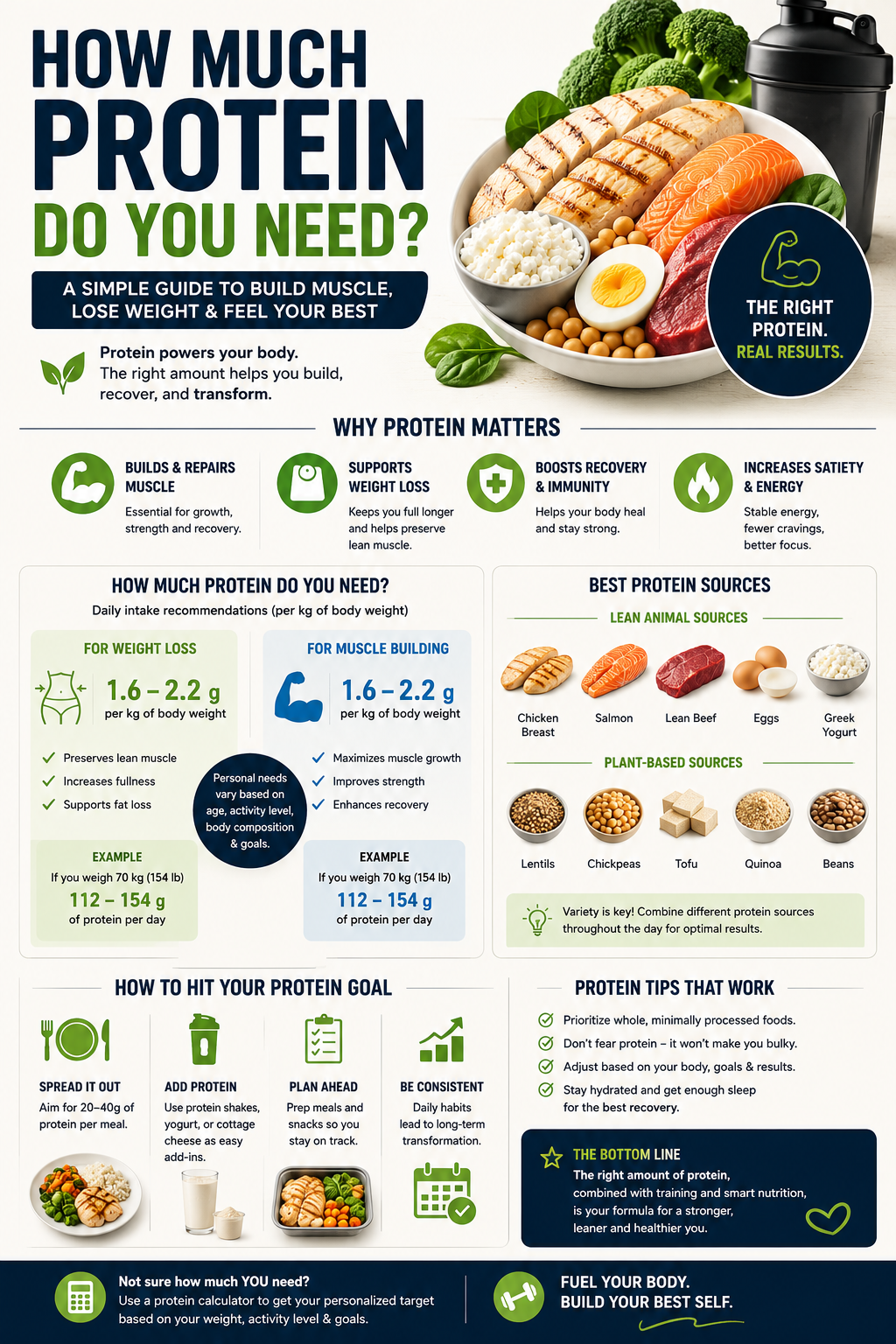 Infographic comparing protein needs for muscle building versus weight loss goals