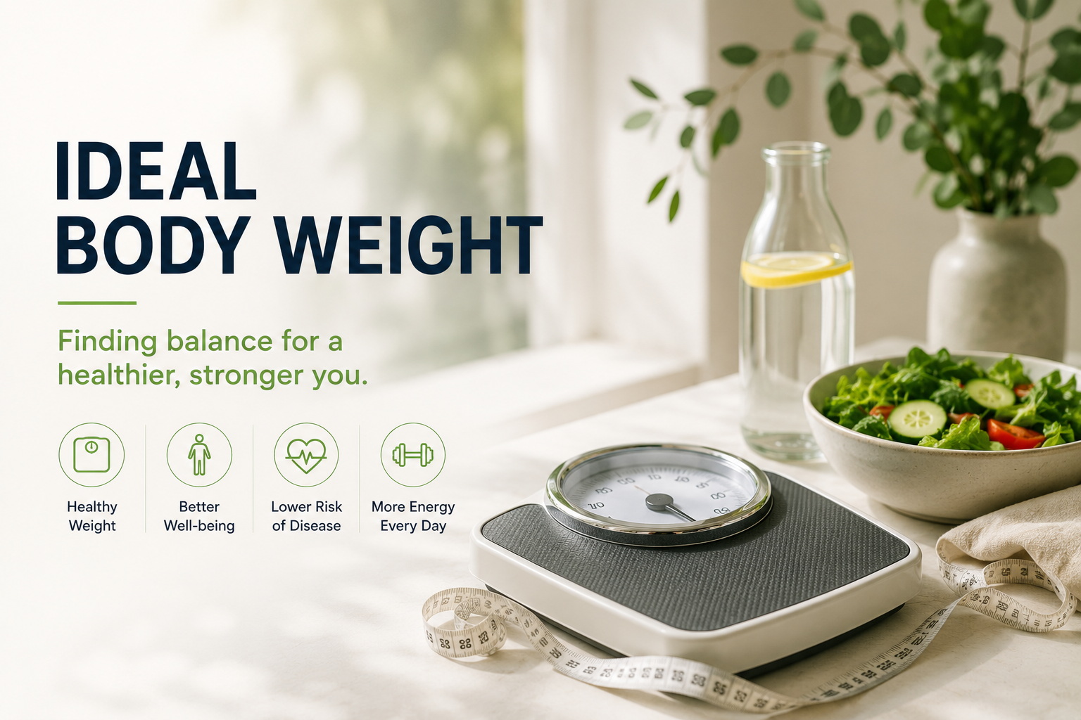Ideal body weight — bathroom scale with fresh salad and measuring tape