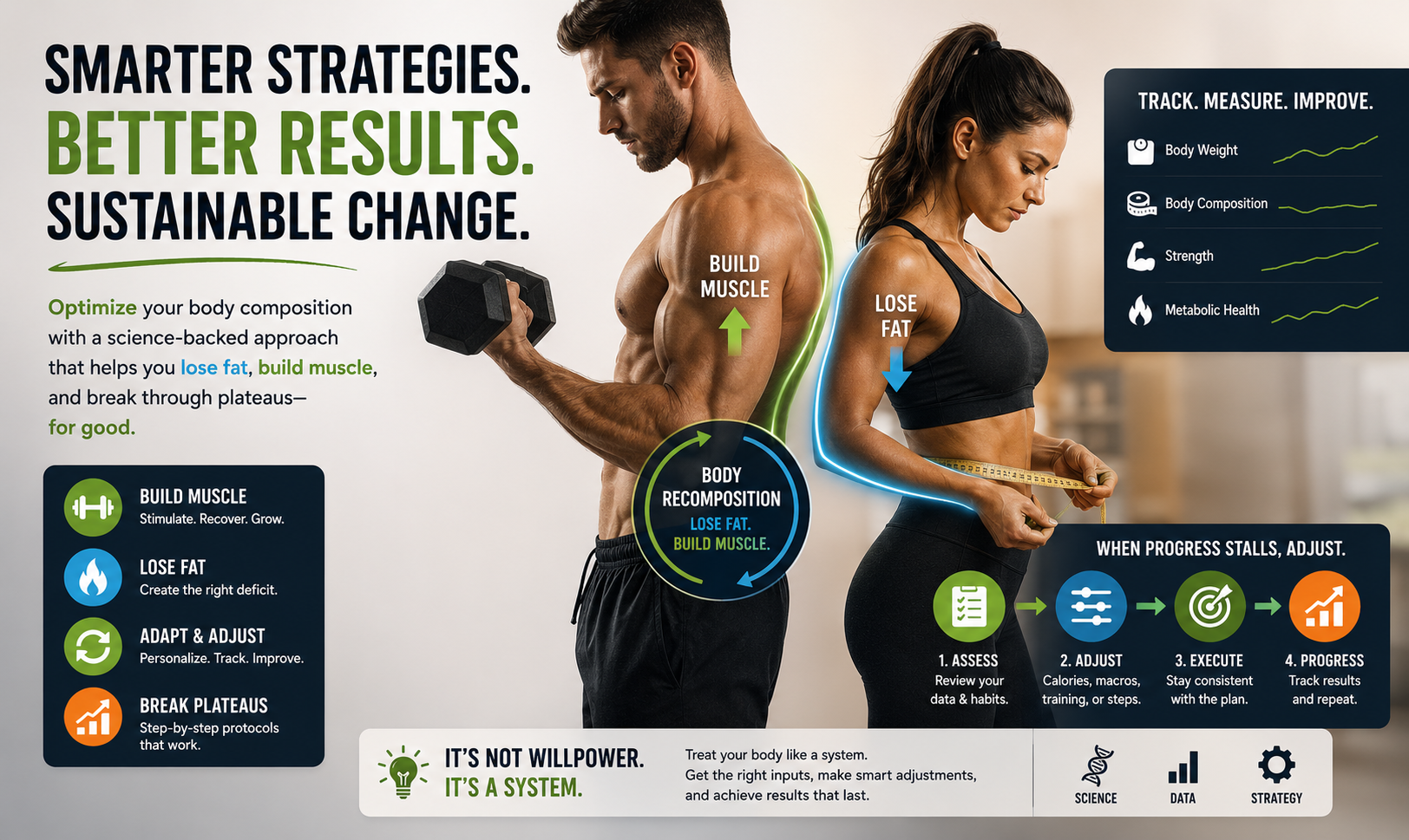 Person strength training to lose weight and gain muscle through body recomposition