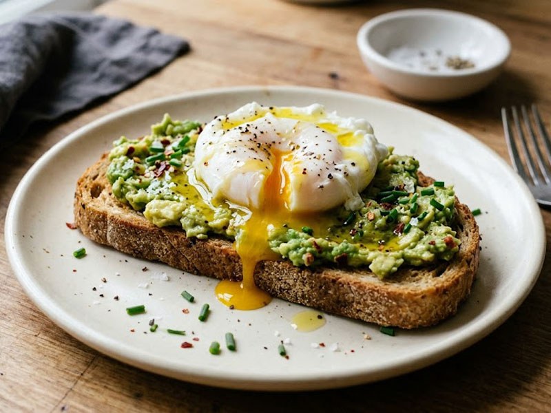 Whole-Wheat Avocado Toast with Poached Egg and Drizzle of Extra Virgin Olive Oil recipe
