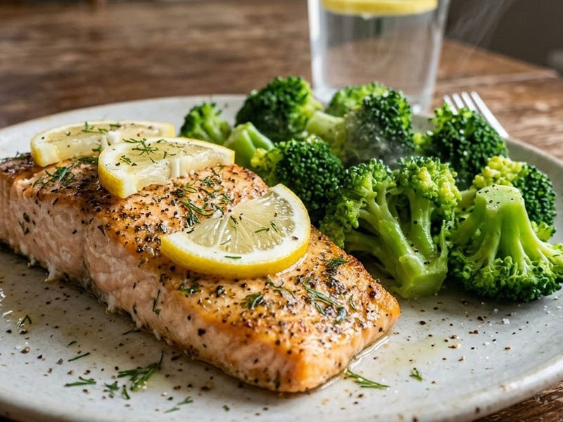 Baked Salmon Fillet with Lemon Slices and Steamed Broccoli — healthy recipe